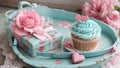 Happy Mothers Day aqua blue vintage retro shabby chic tray with pink cupcake close up Royalty Free Stock Photo