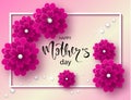 Happy mothers day background with beautiful flowers and beads. Greeting card with hand drawn lettering. Vector illustration templa