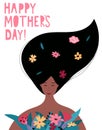 Happy Mothers day banner or greeting card template with beautiful woman holding flowers in cartoon style. Mother`s Day typography Royalty Free Stock Photo