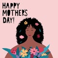 Happy Mothers day banner or greeting card template with beautiful woman holding flowers in cartoon style. Mother`s Day typography Royalty Free Stock Photo