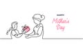 Happy mothers day banner. Young daughter give a gift for her mother. Continuous one line drawing, Kid and mom motherhood concept