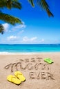 Happy Mothers day beach background with handwritten lettering Best Mom ever Royalty Free Stock Photo