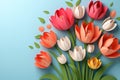 Happy Mothers day. Beautiful blooming tulips paper cutouts on blue background. Modern colorful floral card. Spring flowers banner Royalty Free Stock Photo