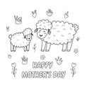 Happy Mothers Day black and white print with a cute mother sheep and her baby lamb Royalty Free Stock Photo