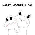 Happy Mothers day. Bunny rabbit holding baby. Hugging family. Hug, embrace, cuddle. Cute funny cartoon character. Greeting card.