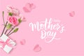 Happy Mothers day. Calligraphic greeting text. Holiday design template with realistic pink carnation flowers.