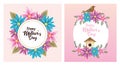 Happy mothers day card with bird and housebird floral frame