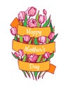 Happy Mothers day card in cartoon style. Bright spring illustration with tulip flowers and leaves.
