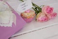 Happy mothers day card with cup cake and gift box Royalty Free Stock Photo