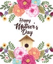Happy mothers day card with flowers and birdhouse frame