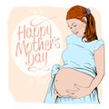 Happy mothers day card with graphic portrait of a pregnant woman.