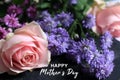 Happy Mothers Day. Mothers day card and greeting concept with bouquet background of pink rose and purple daisy flowers.