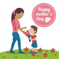 Happy mothers day card - mom with son bouquet flowers meadow Royalty Free Stock Photo