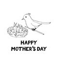 Happy mothers day card template bird mom and chicks in the nest icon, sticker. sketch hand drawn doodle style. minimalism,