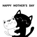 Happy Mothers day. Cat holding kitten. Hugging family. Hug, embrace, cuddle. Cute funny cartoon character. Greeting card. Black