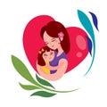 Happy Mothers Day with flat design mother hugging daughter in arms on heart shape