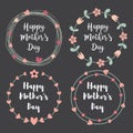 Happy Mothers Day with flowers greeting card set. Laurel wreath, Floral wreath. Vector illustration.