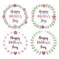 Happy Mothers Day with flowers greeting card set. Laurel wreath, Floral wreath. Vector illustration.
