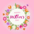 Happy mothers day greeting card with blossom flowers. Card with flowers and leaves on pink background with space for Royalty Free Stock Photo