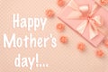 Happy Mothers Day greeting card decorated flowers coral floral rose flat lay on living coral color background. Top view