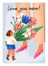 Happy mothers day, greeting card design with cute little girl kid presenting flower bouquet to mom. Tiny daughter child