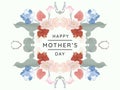 Happy mothers day greeting card design, mirror effect/ symmetry hydrangea and other flowers wreath on light blue