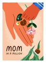 Happy Mothers day, greeting card design. Mom and kids hands with cute gifts on women palm. Child presenting delicate