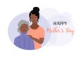 Happy Mothers Day greeting card. Elderly woman and adult daughter together. Smiling female family. Vector flat illustration.