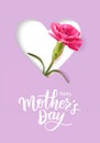 Happy Mothers day greeting card. Holiday design template with heart shape and realistic pink carnation flower on purple background Royalty Free Stock Photo