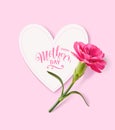 Happy Mothers day greeting card. Holiday design template with paper heart label and realistic pink carnation flower.