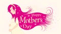 Happy Mothers Day Greeting Card. Profile drawing of pregnant woman in yellow dress and with long magenta hair adorned with hearts