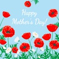 Happy Mothers Day greeting card. Red poppy and white chamomile illustration. Vector flower on blue. Floral nature background.