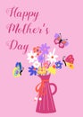Happy Mothers Day greeting card template flower vase butterflies. Floral vase butterfly drawing Mother\'s day holiday greeting car Royalty Free Stock Photo