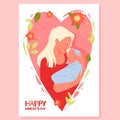 Happy Mothers day greeting card with text, mom and newborn baby inside red heart