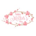 Happy Mothers Day greeting frame for card design. Pink sakura blossom layout for sale banner or flyer