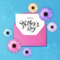 happy mothers day greetings card banner post template design with illustration of open envelope and flowers top view, calligraphy Royalty Free Stock Photo