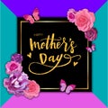 Happy Mothers Day Hand-drawn Lettering with roses, peonies and b Royalty Free Stock Photo