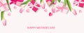 Happy Mothers Day. Holiday design template. Greeting text with decorative gift box, pink tulip flowers and paper hearts. Royalty Free Stock Photo