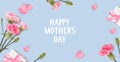 Happy Mothers day. Holiday design template with realistic pink carnation flowers, gift box and paper hearts on blue background. Royalty Free Stock Photo