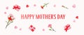 Happy Mothers day. Holiday design template with realistic pink carnation flowers, gift box and paper hearts on pink background. Royalty Free Stock Photo