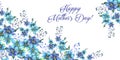 Happy mothers day, Horizontal Watercolor illustration with Flowers forget-me-nots and text on a white background