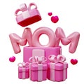 Happy mothers day with Love Mom balloon words and decoration, gift box, heart shape. Festive holiday celebration concept of love