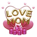 Happy mothers day with Love Mom balloon words and decoration, gift box, heart shape. Festive holiday celebration concept of love