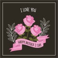 Happy mothers day love you pink roses ribbon decoration black background Royalty Free Stock Photo