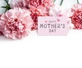 Happy mothers day message on paper and pink carnation flower