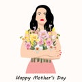 Happy Mothers Day. Mom. Card template with beautiful woman with spring flowers. Royalty Free Stock Photo