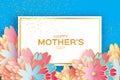 Happy Mothers Day. Origami Gold Floral Greeting card. Paper cut flower . Rectangle frame. Royalty Free Stock Photo