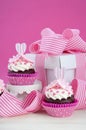 Happy Mothers Day pink and white cupcakes. Royalty Free Stock Photo