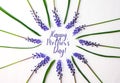 HAPPY MOTHERS DAY Postcard layout. Flat lay, top view. Blue hyacinths in row circle shape. Greeting card for holiday