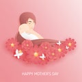 Happy mothers day poster or banner with woman hug her baby and flowers on background in paper cut style Royalty Free Stock Photo